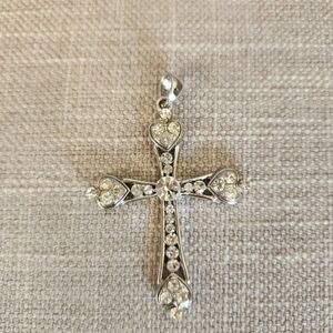 Silver Crystal Heart Cross Pendant Necklace - Sparkling Clear Rhinestones